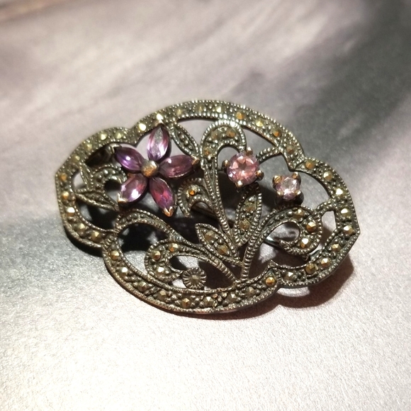 Vintage Jewelry - Vintage Sterling Silver Marcasite Amethyst Brooch